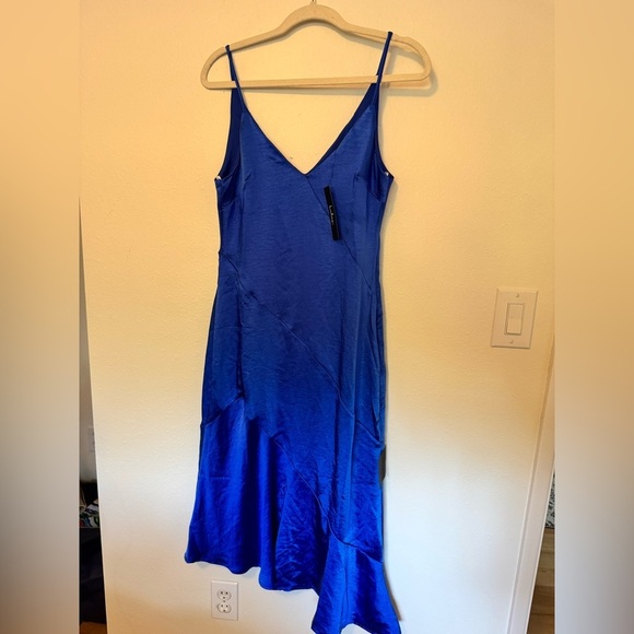 NEW Lulus Instinct Cobalt Asymmetrical Slip Midi Dress Blue Satin Small NWT - Picture 4 of 9